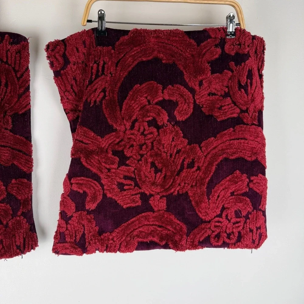 Pottery Barn Burgundy Red Damask Textured 22x22 Pillow Covers Set of 2